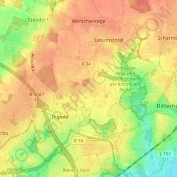 Mapa topográfico Osterhagen, altitud, relieve