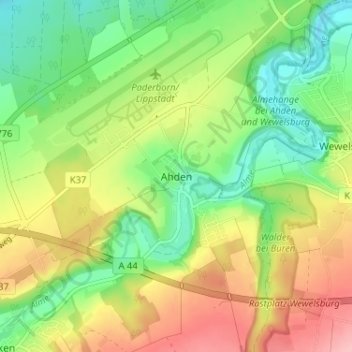 Mapa topográfico Ahden, altitud, relieve