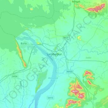 Mapa topográfico Sambalpur, altitud, relieve