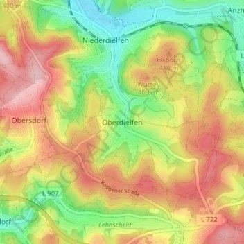 Mapa topográfico Oberdielfen, altitud, relieve