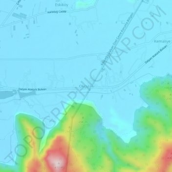 Mapa topográfico Okçular, altitud, relieve