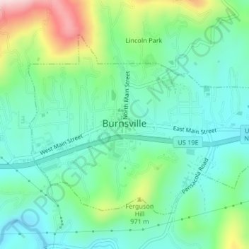 Mapa topográfico Burnsville, altitud, relieve