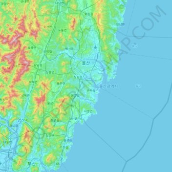 Mapa topográfico Ulsan, altitud, relieve
