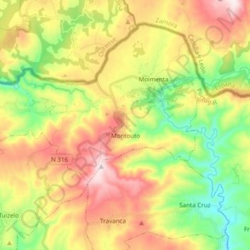 Mapa topográfico Montouto, altitud, relieve