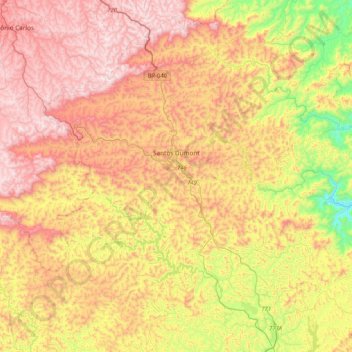 Mapa topográfico Santos Dumont, altitud, relieve