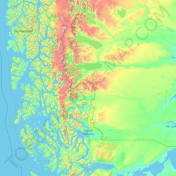 Mapa topográfico Puerto Natales, altitud, relieve