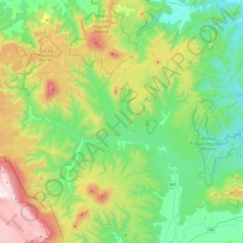 Mapa topográfico Mathinna, altitud, relieve