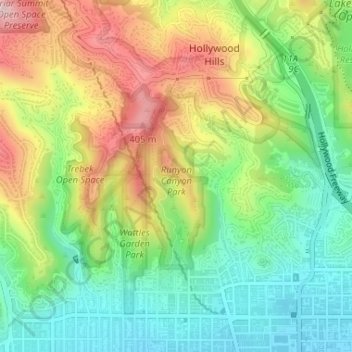 Mapa topográfico Runyon Canyon Park, altitud, relieve