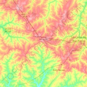 Mapa topográfico Mirassol, altitud, relieve