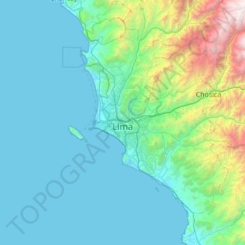 Mapa topográfico Lima Metropolitan Area, altitud, relieve