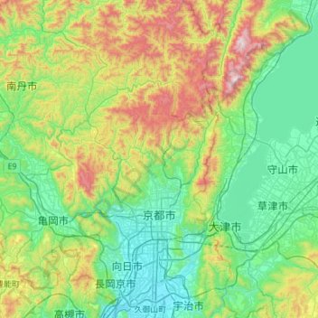 Mapa topográfico 京都市, altitud, relieve