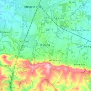 Mapa topográfico Ditchling, altitud, relieve