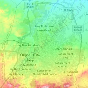 Mapa topográfico Oujda ⵡⴻⵊⴷⴰ وجدة‎, altitud, relieve