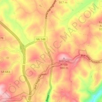 Mapa topográfico Fancy Gap, altitud, relieve
