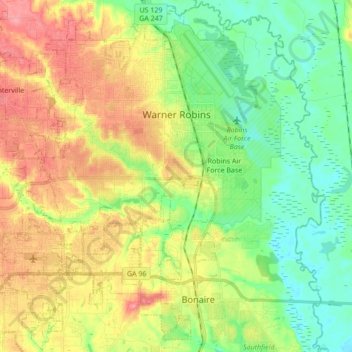 Mapa topográfico Warner Robins, altitud, relieve