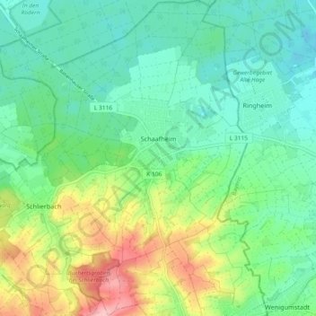 Mapa topográfico Schaafheim, altitud, relieve