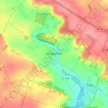 Mapa topográfico Longuesse, altitud, relieve