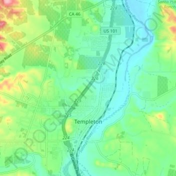 Mapa topográfico Templeton, altitud, relieve