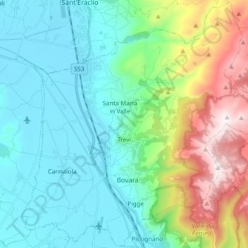 Mapa topográfico Trevi, altitud, relieve