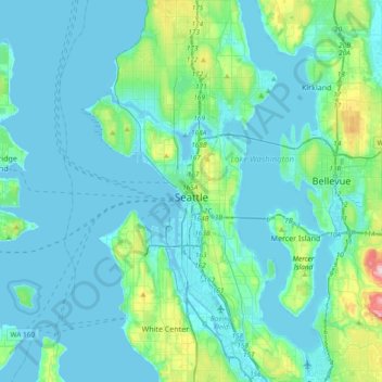 Mapa topográfico Seattle, altitud, relieve