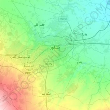 Mapa topográfico Peshawar, altitud, relieve