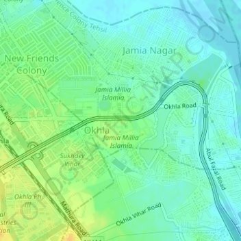 Mapa topográfico Jamia Millia Islamia, altitud, relieve