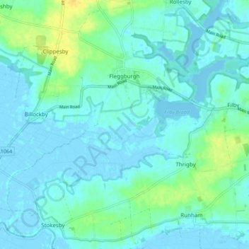 Mapa topográfico Fleggburgh, altitud, relieve