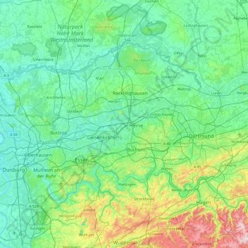 Mapa topográfico Emscher, altitud, relieve