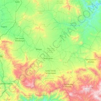 Mapa topográfico Miahuatlán de Porfirio Díaz, altitud, relieve