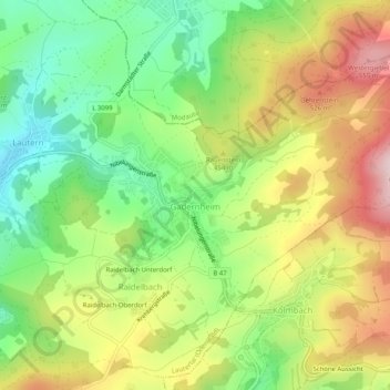 Mapa topográfico Gadernheim, altitud, relieve