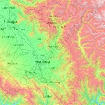 Mapa topográfico Anantnag district, altitud, relieve
