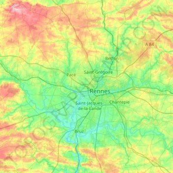 Mapa topográfico Rennes Métropole, altitud, relieve