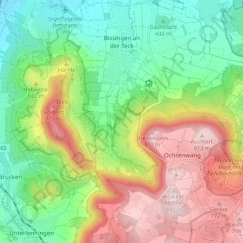 Mapa topográfico Bissingen an der Teck, altitud, relieve