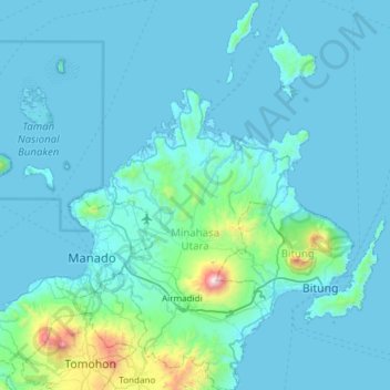Mapa topográfico Minahasa Utara, altitud, relieve