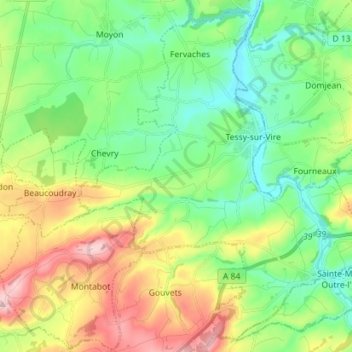 Mapa topográfico Tessy-Bocage, altitud, relieve