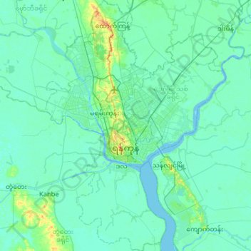 Mapa topográfico Rangún, altitud, relieve