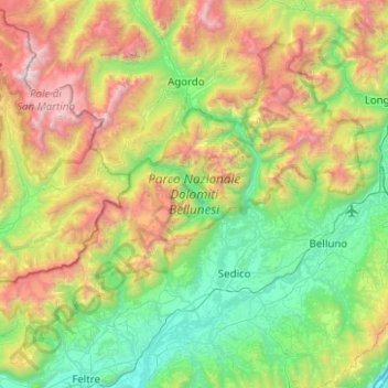 Mapa topográfico Belluno, altitud, relieve