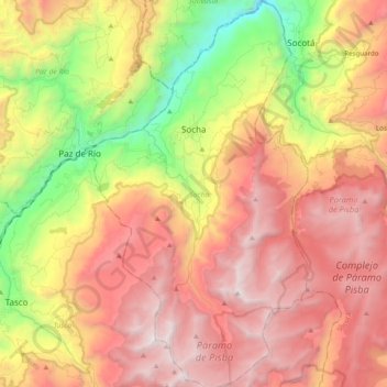 Mapa topográfico Socha, altitud, relieve