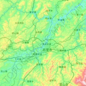 Mapa topográfico 凯里市, altitud, relieve
