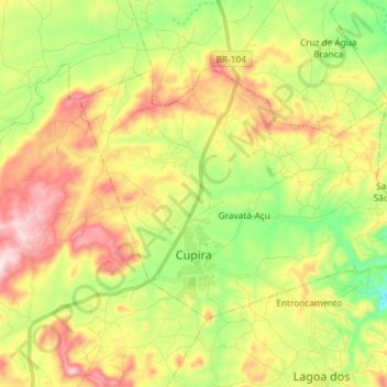 Mapa topográfico Cupira, altitud, relieve