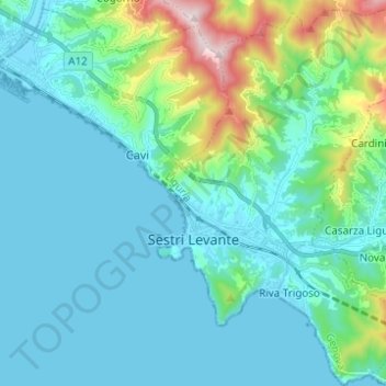 Mapa topográfico Sestri Levante, altitud, relieve