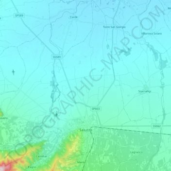 Mapa topográfico Saluces, altitud, relieve