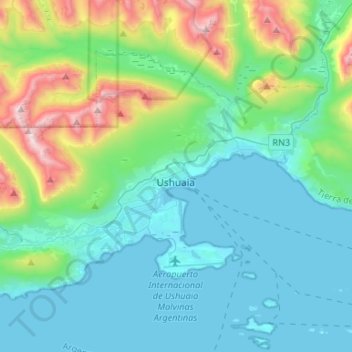 Mapa topográfico Ushuaia, altitud, relieve