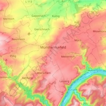 Mapa topográfico Münstermaifeld, altitud, relieve
