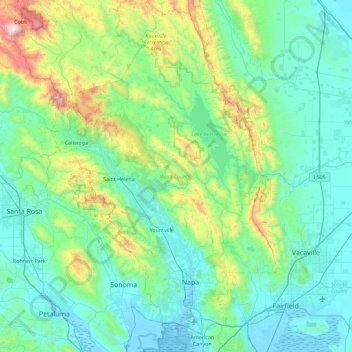 Mapa topográfico Napa County, altitud, relieve