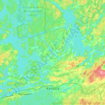 Mapa topográfico Kenora, altitud, relieve