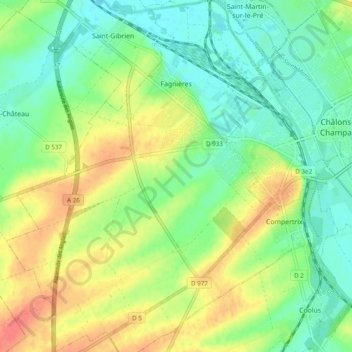 Mapa topográfico Fagnières, altitud, relieve