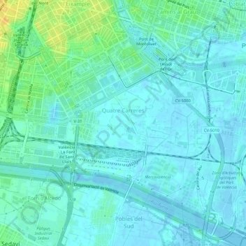Mapa topográfico Quatre Carreres, altitud, relieve