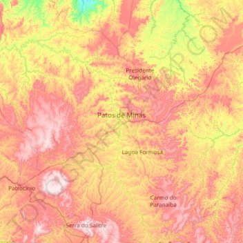 Mapa topográfico Patos de Minas, altitud, relieve
