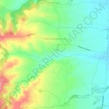 Mapa topográfico Manas-Bastanous, altitud, relieve